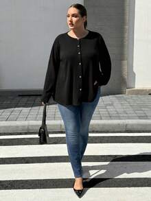 SHEIN CURVE+ 大尺碼休閒優雅傳統素色羅紋鈕扣T恤，2026冬季 22W - 黑色 - 查看 4