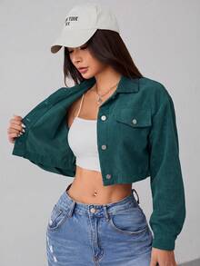 SHEIN PETITE Spring Outfits Drop Shoulder Flap Detail Crop Corduroy Black Jacket In Fall/Winter - Green - View 8