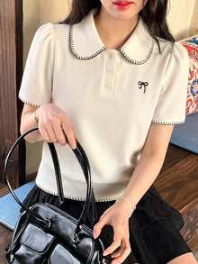 DAZY 女款韓式休閒短袖領口T恤可愛上衣 - 白色 - 查看 5