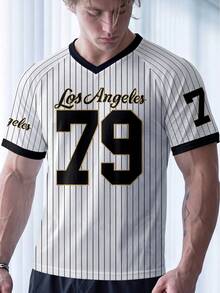 Manfinity Gritte Field 男士 Los Angeles 79 號條紋網眼 V 領運動球衣，快乾透氣棒球短褲 - 彩色 - 查看 8