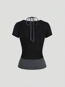 Sweetra Women's Autumn/Winter Casual Striped Fabric Contrast Color Patchwork Fitted Black Waist-Cinched Short Sleeve T-Shirt Top - Multicolor - View 2