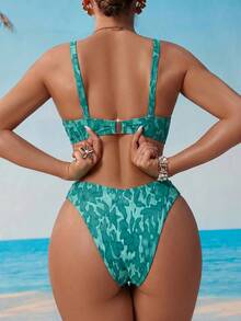 Swim DD+ 女款夏季度假海灘全印花細肩帶前綁帶聚攏比基尼套裝 - 綠色 - 查看 2