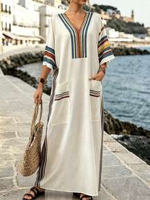 SHEIN LUNE CURVE Plus Size Women's Casual V-Neck Striped Print Loose Long Dress,Autumn Boho Beach Vacation Beach Vacation Holiday Dress White Fall - Apricot - View 4