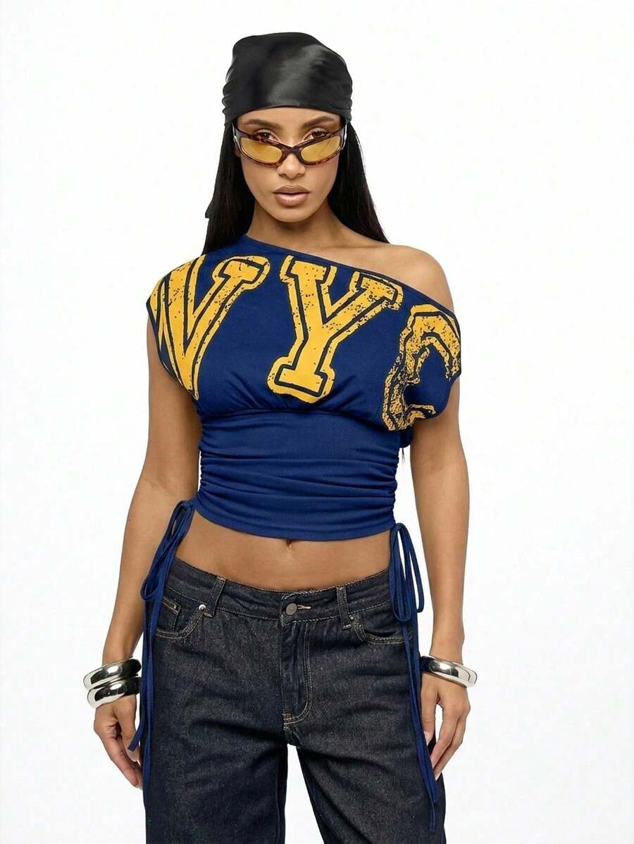 SUMWON WOMEN Off-Shoulder Ruched Side Drawstring Crop Top With NYC Varsity Letter Print - Navy Blue - View 1