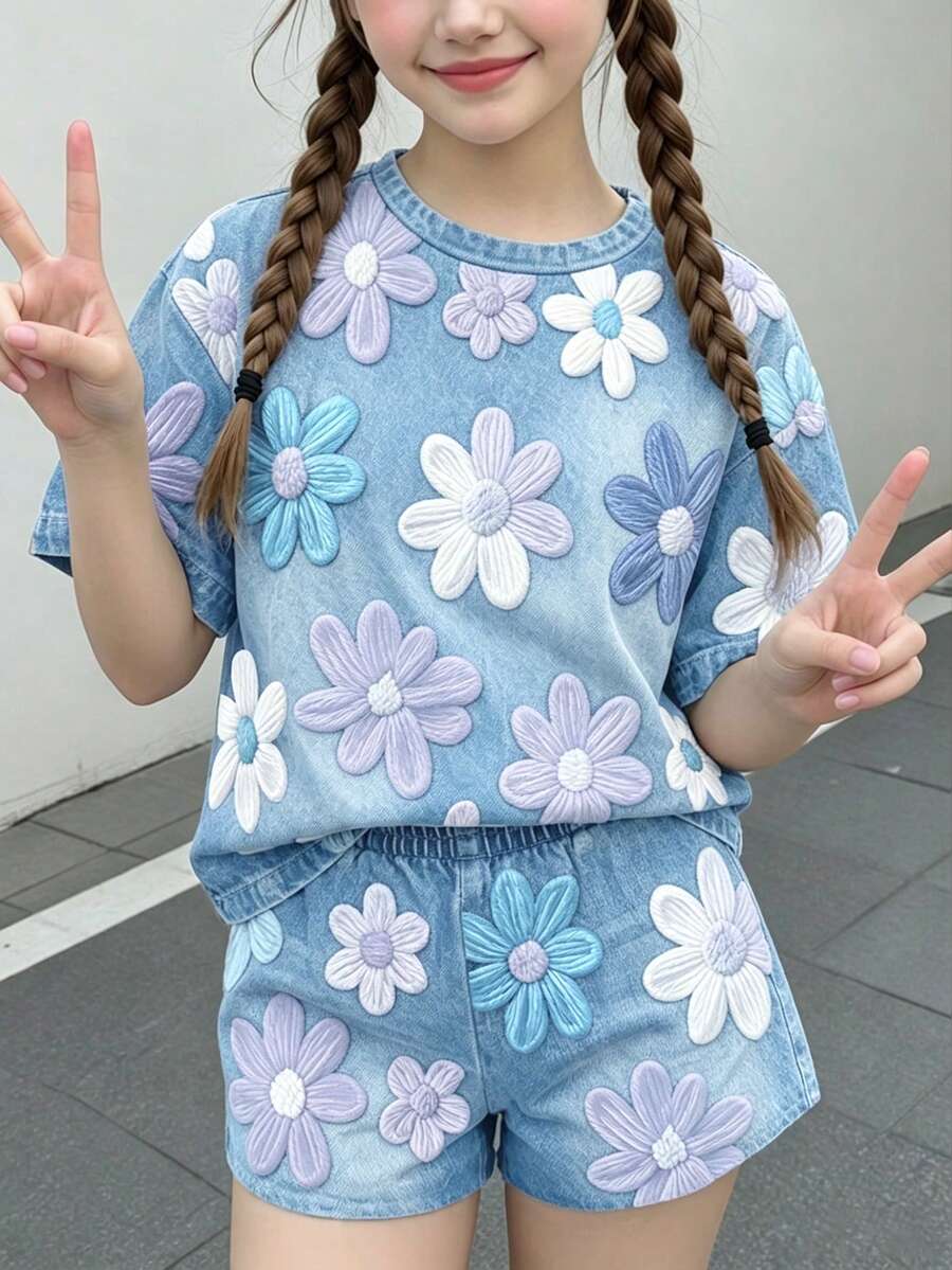 青少年女孩休閒可愛紋理碎花甜奶油風田園風圓領短袖T恤寬鬆短褲兩件套,適合春夏,圖案舒適,女孩套裝,Y2K復古度假風 - 彩色 - 查看 1