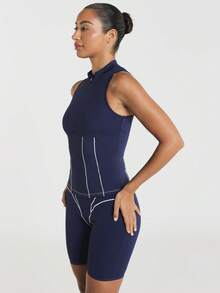 11SKNDS Sleeveless Mock Neck Half-Zip Athletic Tank Top With Contrast Piping Detail And Structured Corset-Style Waist Panel With Sweat-Wicking, Stretchy, Breathable, Quick-Dry & Buttery-Soft, For Gym Workout Fitness Yoga Pilates Studio, Running, Training & Hy-Rox - Royal Blue - View 3