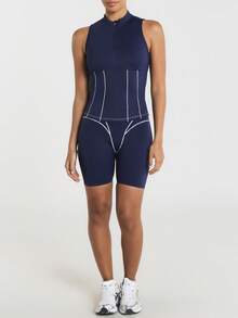 11SKNDS Sleeveless Mock Neck Half-Zip Athletic Tank Top With Contrast Piping Detail And Structured Corset-Style Waist Panel With Sweat-Wicking, Stretchy, Breathable, Quick-Dry & Buttery-Soft, For Gym Workout Fitness Yoga Pilates Studio, Running, Training & Hy-Rox - Royal Blue - View 4