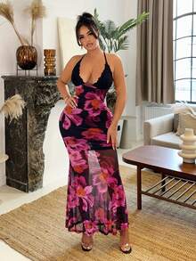 SHEIN SXY Vestido de cuello halter con estampado floral de rejilla, falda de cola de pez y copa de encaje - Multicolor - Ver 4
