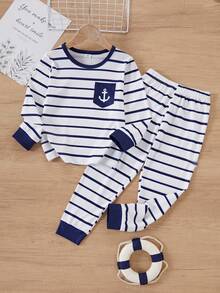 SHEIN Vintaside Kids 2件組男孩長袖休閒條紋寬鬆套裝，秋季慵懶休閒風，送給男孩的最佳禮物 - 藏蓝色 - 查看 3