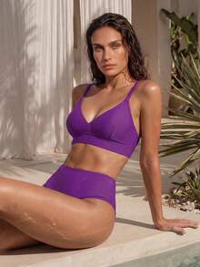 Swim Chiccia Summer Beach Women Solid Color Simple Beachwear Bikini Set - Purple - View 3