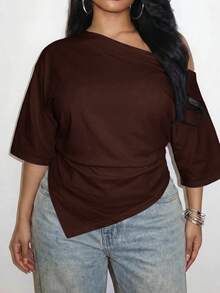 Slaydiva Plus Size Women Solid Color Pleated Casual Versatile Everyday T-Shirt Formal Chocolate Brown Summer - Rust Brown - View 1