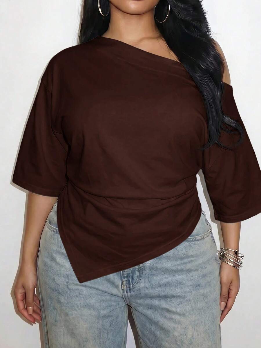 Slaydiva Plus Size Women Solid Color Pleated Casual Versatile Everyday T-Shirt Formal Chocolate Brown Summer - Rust Brown - View 1