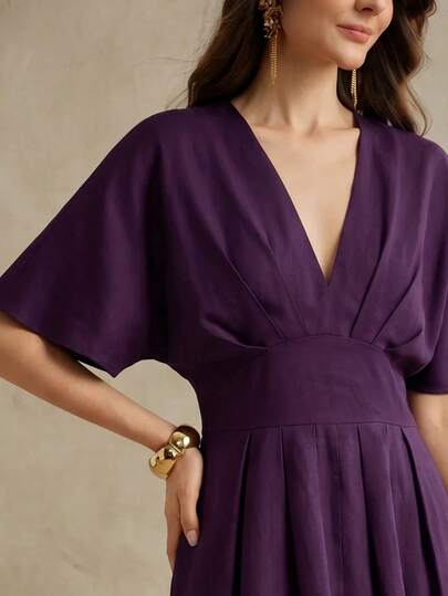 Anewsta Vestido elegante para mujer de corte A con cintura ceñida, bolsillos, cuello en V, color liso, versátil y de estilo clásico, 25% lino y 75% tencel