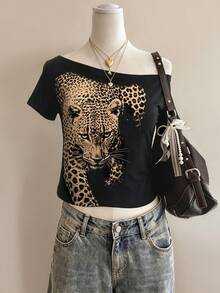 Lalippa Women's Leopard Print Asymmetric Collar T-Shirt - Multicolor - View 1