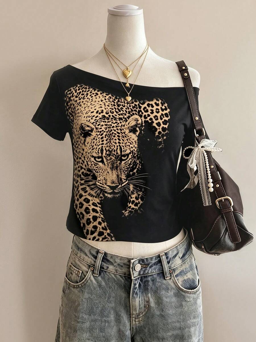 Lalippa Women's Leopard Print Asymmetric Collar T-Shirt - Multicolor - View 1