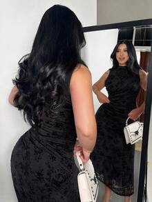 Firerie Plus Size Spring/Summer New Arrival Stand Collar Sleeveless Ruched Flared Hem Elegant Romantic Date Tea Party Cocktail Graduation Dress Casual Commute Stretch Ruched Sleeveless Dress For Women - Black - View 3