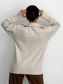SHEIN Cottnline كنزة نسائية كاجوال بلون بيج سادة مقاس كبير مع سحاب نصفي وأكتاف منسدلة - بيج - مشاهدة 3