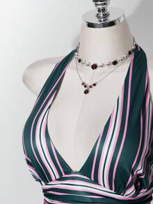 SHEIN ICON 女款大尺碼粉綠條紋掛脖上衣 - 彩色 - 查看 5