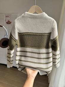 SHEIN 男童毛衣，秋冬圓領套頭毛衣，厚針織條紋上衣，寬條紋拼色，柔軟針織，男孩學院風，舒適加厚，簡約百搭時尚，適合秋冬居家、旅行、戶外玩耍、運動、上學、出遊、聚會 - 彩色 - 查看 2