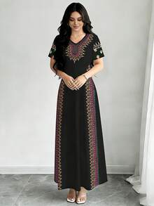 Al Najma 女士螺旋印花仿刺绣V领短袖优雅夏季连衣裙 - 彩色 - 查看 4