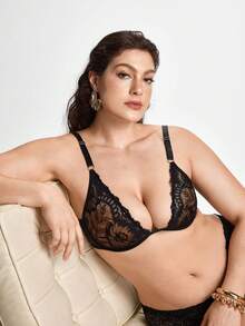 Slumbrini Plus Size Solid Color Lace Patchwork Bralette Wireless And Adjustable Strap, Lift - Black - View 8