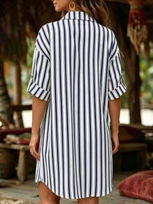 Linhara CURVE Plus Size Woven Striped Fashionable Casual Resort Summer Women's Dress - Blue and White - View 2