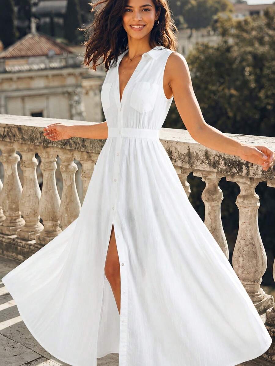 Dayvera Women's Casual Solid Color Single-Breasted Sleeveless Dress,Summer Dresses For Women,Summer Outfits ,Summer Holiday Outfits ,Valentine's Day ,Beach Outfit,Going Out Outfits ,Valentine's Day Dress,Party Dresses For Women,Elegant Party Dresses ,Beach Dress,Wedding Guest Dress For ,Elegant Dress For Women Women,Casual Dresses For Women,Casual Long Dresses ,White Dress - White - View 1