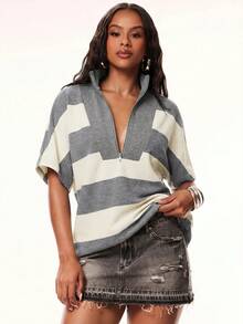 Denimoi Oversized Stripe Polo Shirt Fashion Tops Stripe Tops Everyday Wear Polo Tee Streetwear - Light Grey - View 1