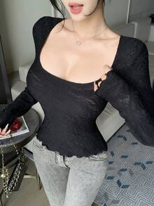 DAZY 夏秋休閒黑色蕾絲修身優雅女款上衣 T恤上衣 適合婚禮宴會晚宴襯衫 - 黑色 - 查看 5