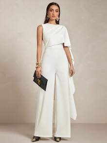Silquee Women's Asymmetrical Shawl Collar Ribbon Round Neck Jumpsuit, Spring/Summer - Apricot - View 8