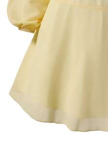 Teen Girl Sweet Solid Color Cold Shoulder Ruched Halter Neck Dress, Bodycon, Glow, Lantern, Square, Midi - Yellow - View 6