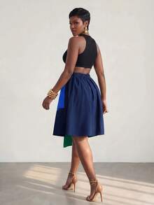 BamGlimmer 女款拼色休閒百搭日常裙 - 橘色 - 查看 3