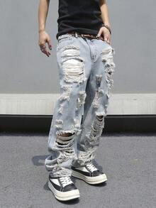 Manfinity EMRG Men's Plus Size Pocket Zipper Button Distressed Raw Hem Jeans - Light Wash - View 1