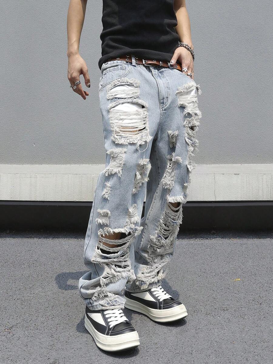 Manfinity EMRG Men's Plus Size Pocket Zipper Button Distressed Raw Hem Jeans - Light Wash - View 1