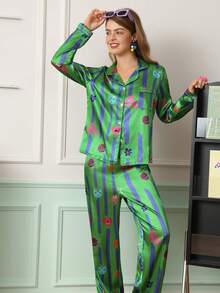 Chillnights Young Colorblock Cat Doodle Flower Planet Stripe Print Lapel Button Satin Women's Pajama Set - Green - View 6