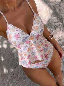 Swim Vcay 女款夏季海灘度假花卉荷葉邊上衣比基尼套裝 - 彩色 - 查看 1