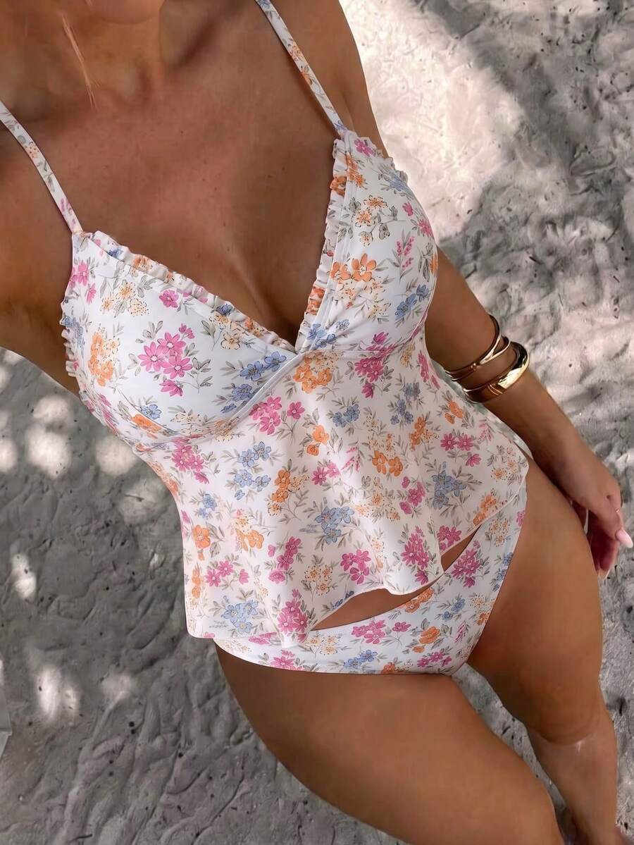 Swim Vcay 女款夏季海灘度假花卉荷葉邊上衣比基尼套裝 - 彩色 - 查看 1
