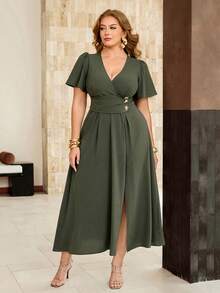 Roveilla Women's Plus Size Spring/Summer Olive Green Soft Fabric Shirred Waist Pleated Star Metal Buckle Elastic A-Line Slimming Skirt Split Hem Dress - Army Green - View 4