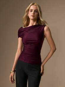 CielaLinda Women's Ruched Off-Shoulder Knit Top, One-Shoulder Solid Color Blouse, Casual Top - Red Violet - View 3