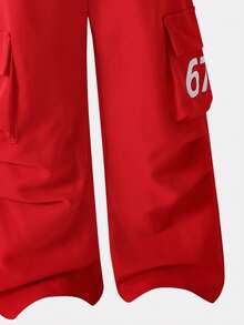 SHEIN Casuvi Kids 女童字母印花拼色T恤與翻蓋口袋工裝褲2件式夏季套裝 - 紅色 - 查看 4
