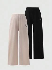 SHEIN 青少年女孩 2件組黑色與卡其色休閒長褲 - 彩色 - 查看 5