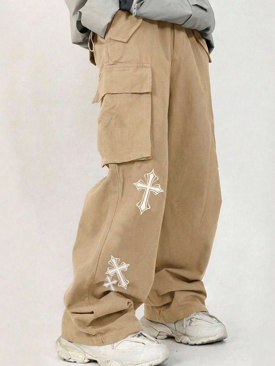 SHEIN Pantalones cargo básicos casuales de unicolor para adolescentes/jóvenes con detalles decorativos, versátiles y combinables - Caqui - Ver 1