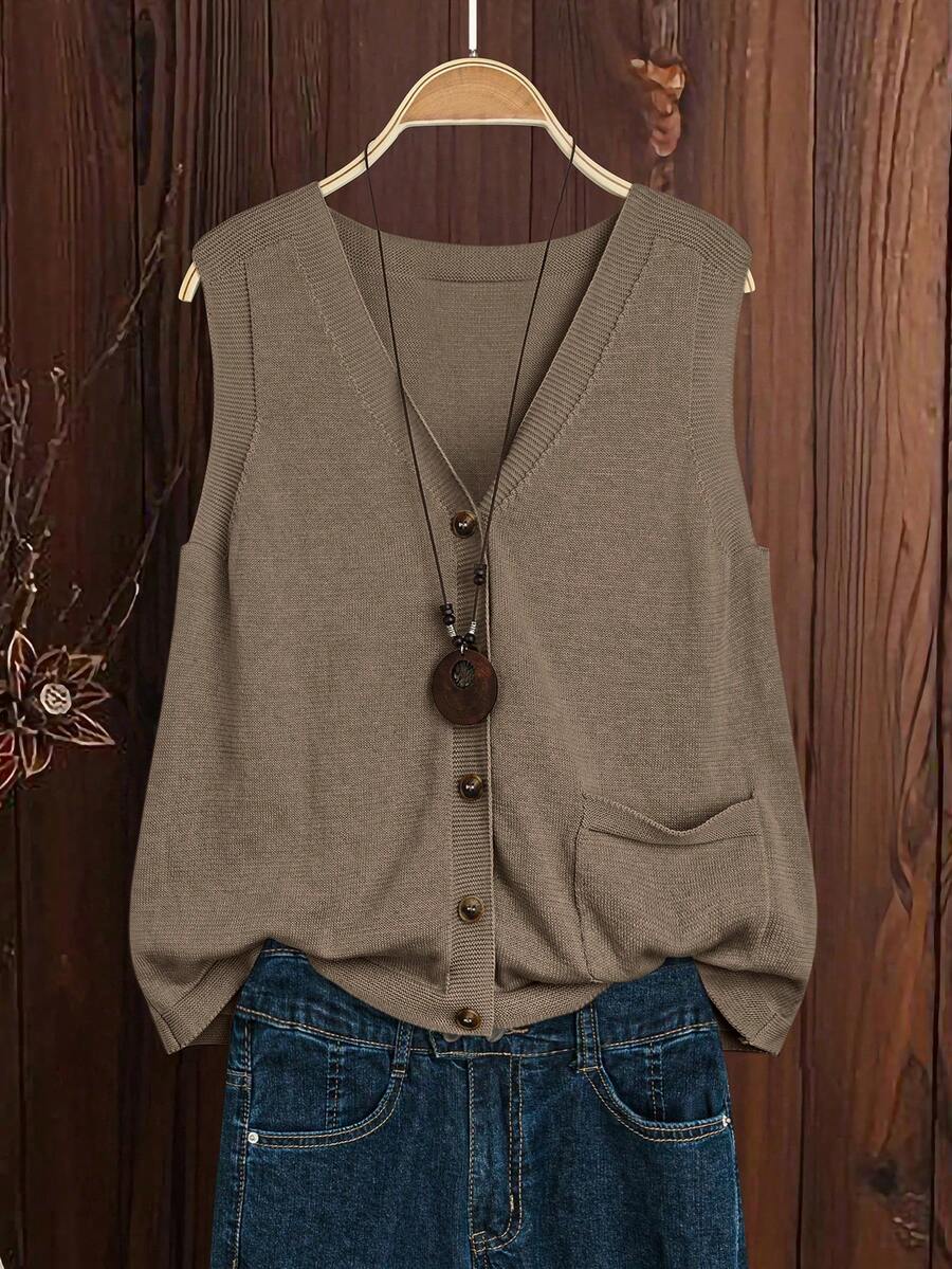 EMERY ROSE Women's Solid Color V-Neck Casual Versatile Daily Wear Knitted Vest - Mocha Brown - View 1