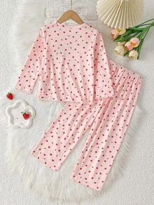 SHEIN Genkimix Kids 女童草莓印花長袖上衣與長褲套裝居家服 - 珊瑚粉 - 查看 2