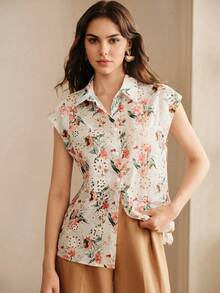 Anewsta Summer Women's Vacation Style Blouse With Floral Embroidery And Hollow-Out Fabric, Short Flutter Sleeves, Suitable For Vacations, Commuting And Daily Wear - Multicolor - View 3