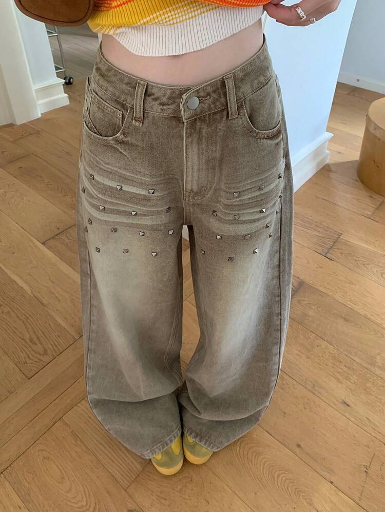 DAZY Women's Distressed Washed Rivet Decor Loose Straight Leg Jeans Street Casual - Khaki - View 5