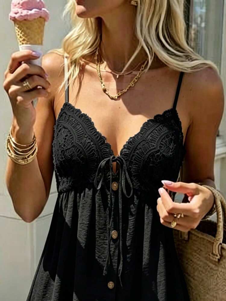 SHEIN PariChic Women's Casual Solid Color Spaghetti Strap Lace Patchwork Dress, Summer Festival, Party, Beach, Graduation Ceremony - Black - View 3
