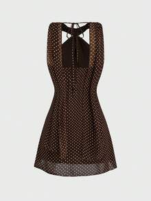Sweetra Plus Size French Polka Dot Print Metal Decor Halter Neck Tie Dress - Multicolor - View 2