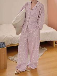 Dazy Plus Cute Rabbit Pattern All-Over Print Cardigan Long Sleeve Long Pants 2-Piece Set Spring Wear Purple Autumn Pajama Set - Purple - View 2