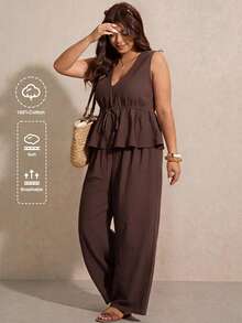 Elaquor Plus Size Women Solid Color Waist Tie Sleeveless Blouse And Wide Leg Pants Casual 2-Piece Set Summer Vacation Going Out Business Two Piece Set Brown - Coffee Brown - View 1